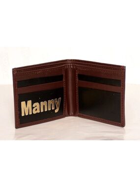 Personalized Brown Leather Bi-Fold Wallet with Gold Name Accent